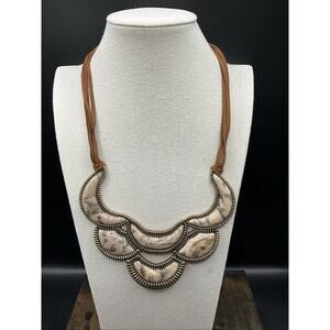 Barse Embroidery Necklace - Feldspar Jasper- Leather-Bronze- NWT